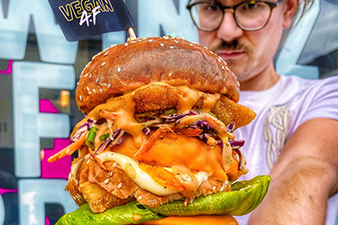 Biff's dirty vegan burger stack tower from Biff's Jack Shack