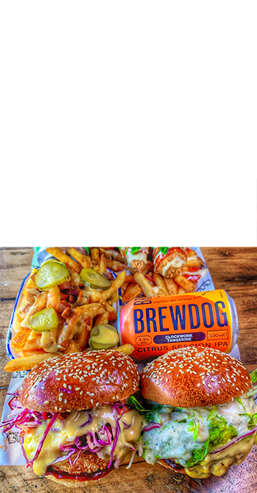 Biff's vegan junk food restaurant with BrewDog beers on tray, BrewDog Dalston, London