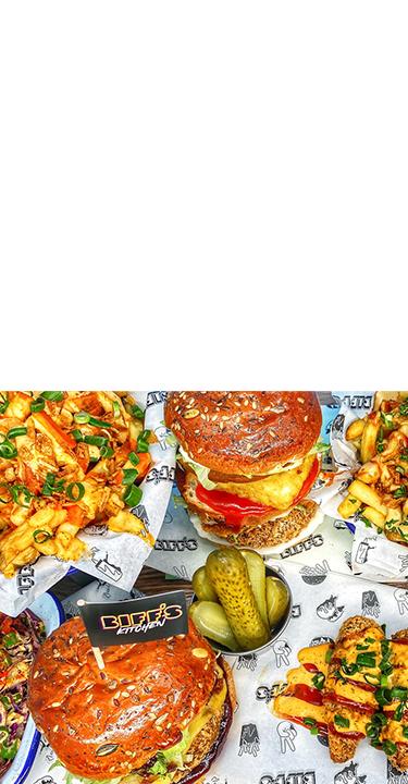 Biff's food burgers, wingz and loaded fries selection